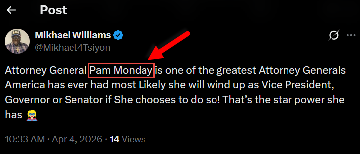 RECENTORG's tweet photo. @Mikhael4Tsiyon @AGPamBondi Pam "Monday" 😂🤣😆 https://t.co/O7uD8oOVdR