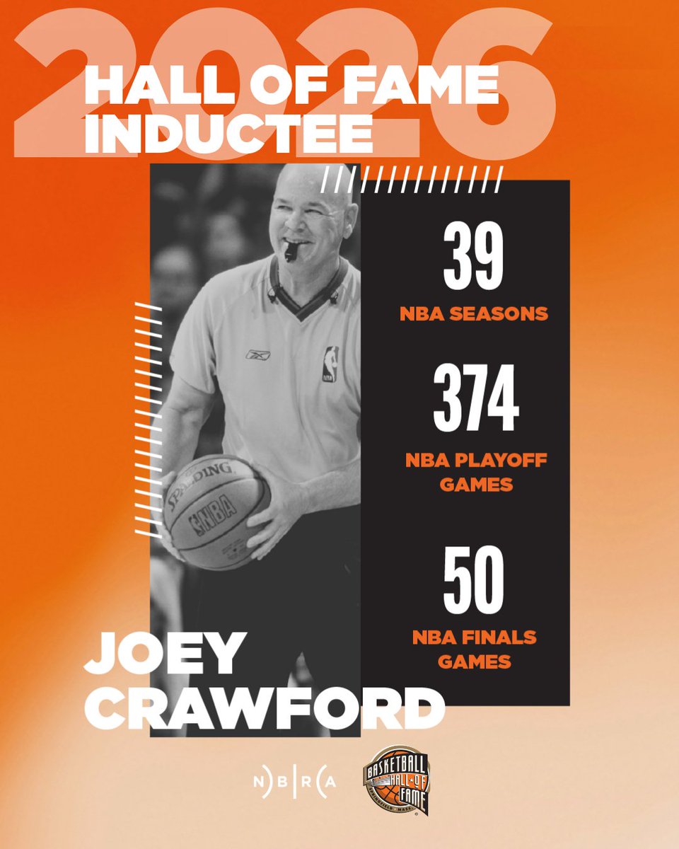 OfficialNBARefs's tweet photo. On behalf of the entire National Basketball Referees Association, congratulations to the legendary Joey Crawford on his induction into the @Hoophall class of 2026. An incredible and well-deserved honor for him, his family, and the profession of sports officiating. 

One of the longest-tenured and most accomplished officials in NBA history, Joey Crawford served as an NBA referee for 39 seasons from 1977-2016. 

Career Stats ��⭐️
🏆Officiated 2,561 regular-season games
🏆Holds the record for officiating 374 playoff games
🏆Holds the record for officiating 50 NBA Finals games
🏆Worked every Finals series from 1986-2015.

Crawford began officiating high school basketball in 1970 and gained professional experience in the Eastern Basketball Association before making his NBA debut at age 26.