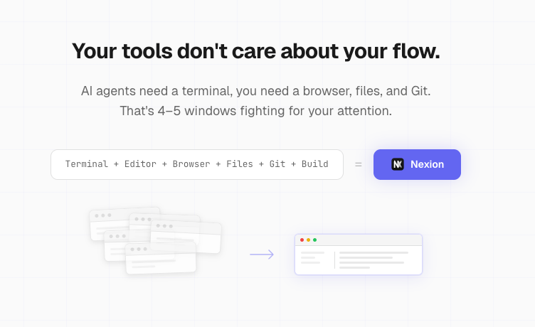 nexion_one's tweet photo. If you build with AI coding agents on macOS, this is for you.

Nexion is the AI-native workspace with terminal, browser, files, and Git in one window.

We are onboarding early users now.

Join the waiting list: https://t.co/ipVZ47ofm4

#macdev #ai #developers https://t.co/0vBA3IHvGS