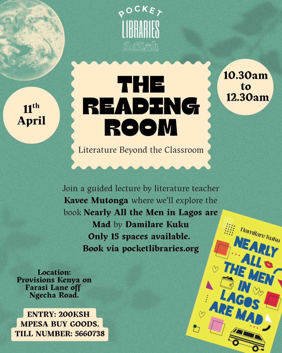 PocketLibraryke's tweet photo. The Reading Room is back with another edition! This month, she’ll be diving in to Nearly All the Men in Lagos are Mad by Damilare Kuku

Spaces are limited, so remember to register your spot as soon as possible - the link is in our bio!

11th April, from 10:30 am at Provisions https://t.co/nJkZAP1ZaP