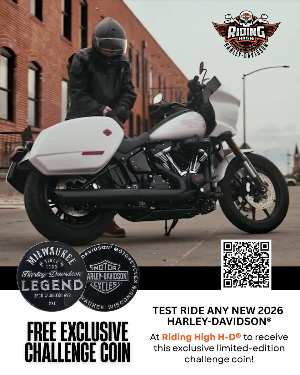 ridinghighhd's tweet photo. From now through May 30th,
customers who test ride any new 2026 Harley-Davidson can
receive an exclusive H-D® Challenge Coin. https://t.co/I2j4RijXrh