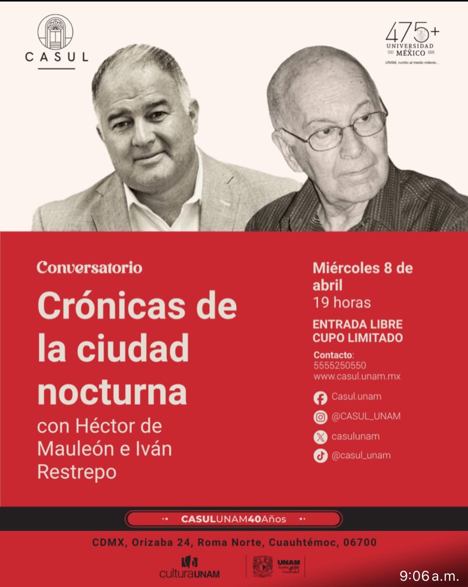 ¿Nos vemos este miércoles en <a href="/casulunam/">Casul UNAM</a>?
Me acompaña Iván Restrepo, gran narrador de historias de la noche en la CDMX.
¡Allá nos vemos!
👇