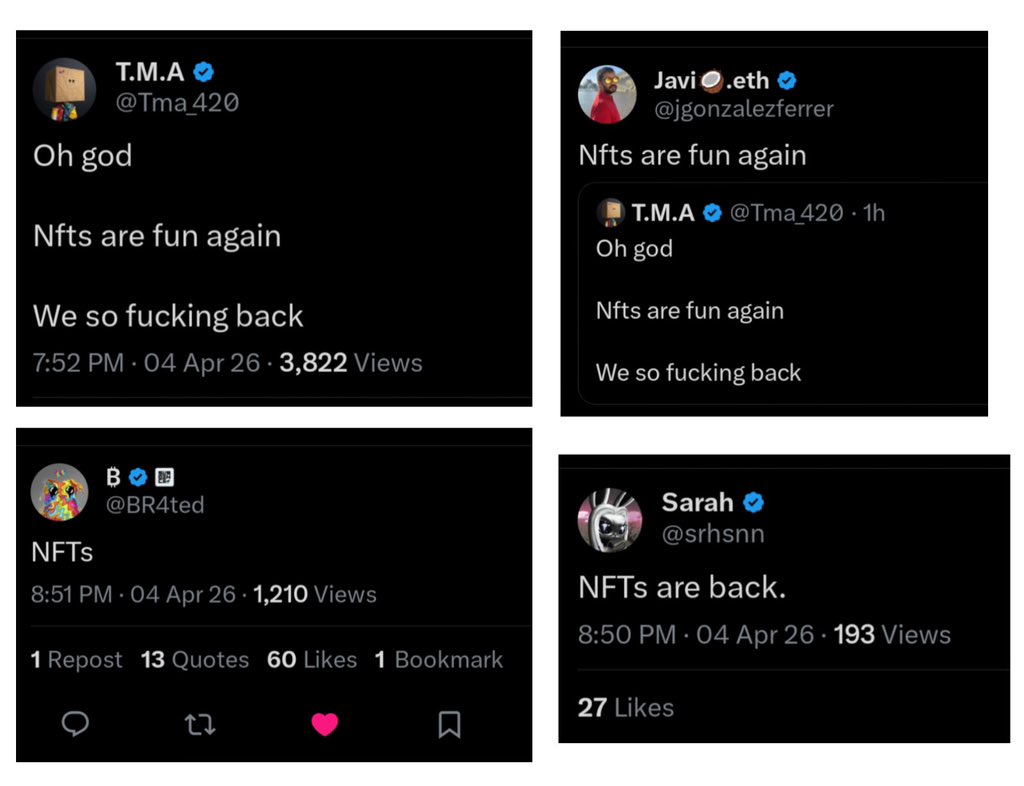 NFTs are back and you don’t know which projects to look into ?

Here is a short April Alpha list ;

• <a href="/GoblynzNFT/">Goblynz</a> 
• <a href="/no_hoshii/">Kokoro no Hoshi</a> 
• <a href="/tmm_eth/">Take My Muffin</a> 
• <a href="/remekoAI/">remeko</a> 
• <a href="/Octo0x/">OCTO 🥷</a> 
• <a href="/ordinalgenesis/">Ordinal Genesis</a> 
• <a href="/TheoremNFT/">THEOREM</a> 
• <a href="/l0f0_00/">LnF0’</a> 
• <a href="/nofcksotter/">No Fcks Otter</a> 
• <a href="/just_t00ns/">just t00ns</a> 
• <a href="/getmarkit/">Mark it.</a> 
•
