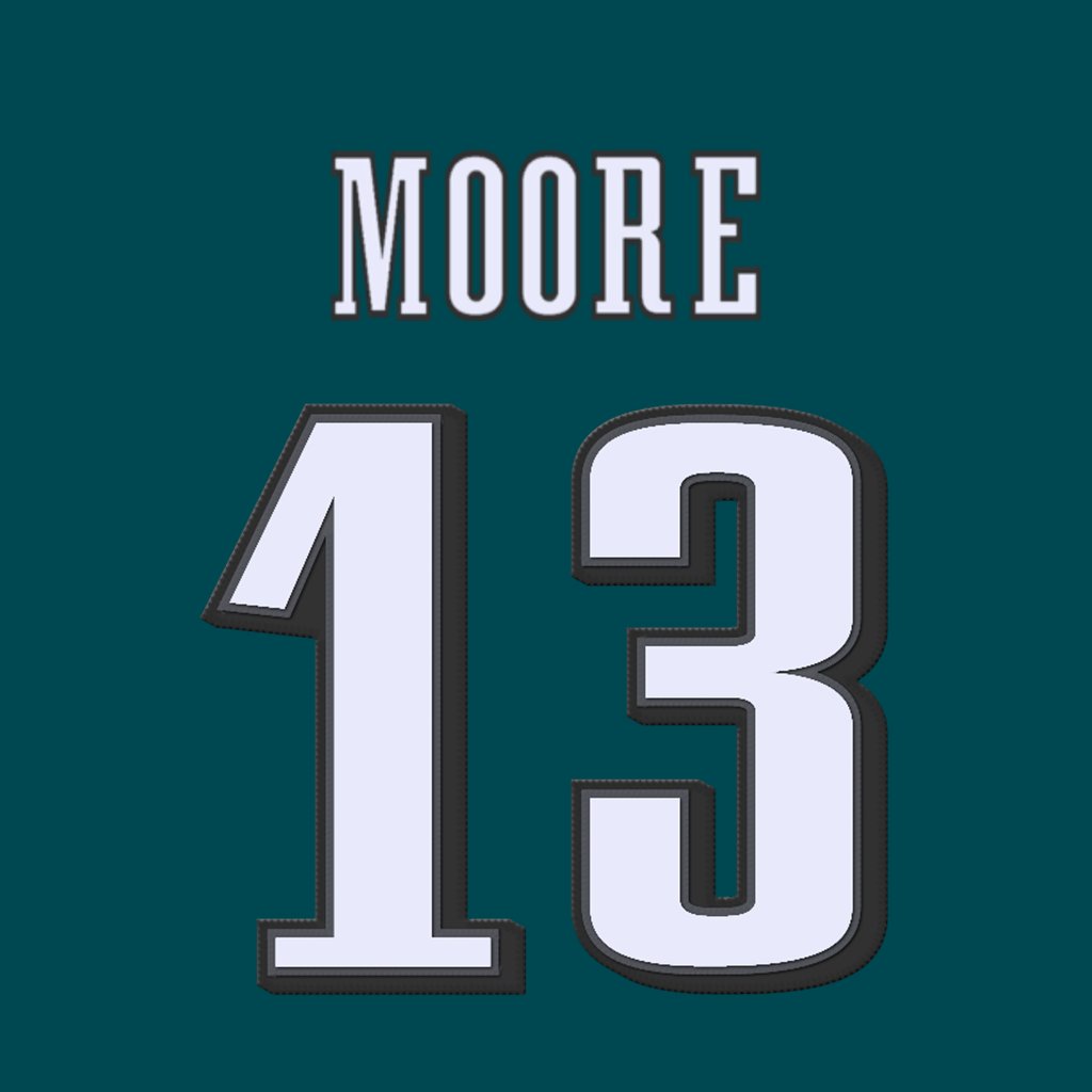 nfl_jersey_num's tweet image. Philadelphia Eagles WR Elijah Moore (@e_moore03) is wearing number 13. Last assigned to Azeez Ojulari. #FlyEaglesFly