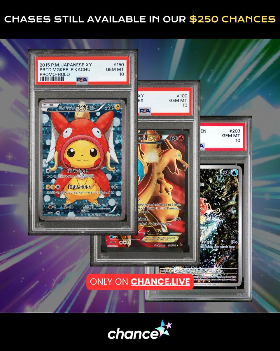 onemoarchance's tweet photo. DOUBLE CHASES PULLED. Congratulations to our two users.

We don’t just give you #onemoarchance here at Chance; users can pull multiple chases.

Giratina V from Lost Origin. Illustrated by Shinji Kanda.
Pop 9256
Fair Market Value is $2,600

Umbreon EX from Fates Collide. Illustrated by the legendary Ryo Ueda, one of my personal favorite artists.
Pop. 674
Fair Market Value is $2,100

Even after TWO chases pulled, we still got our Poncho Magikarp Pikachu remaining untouched. Who’s going to be the one that gets it?