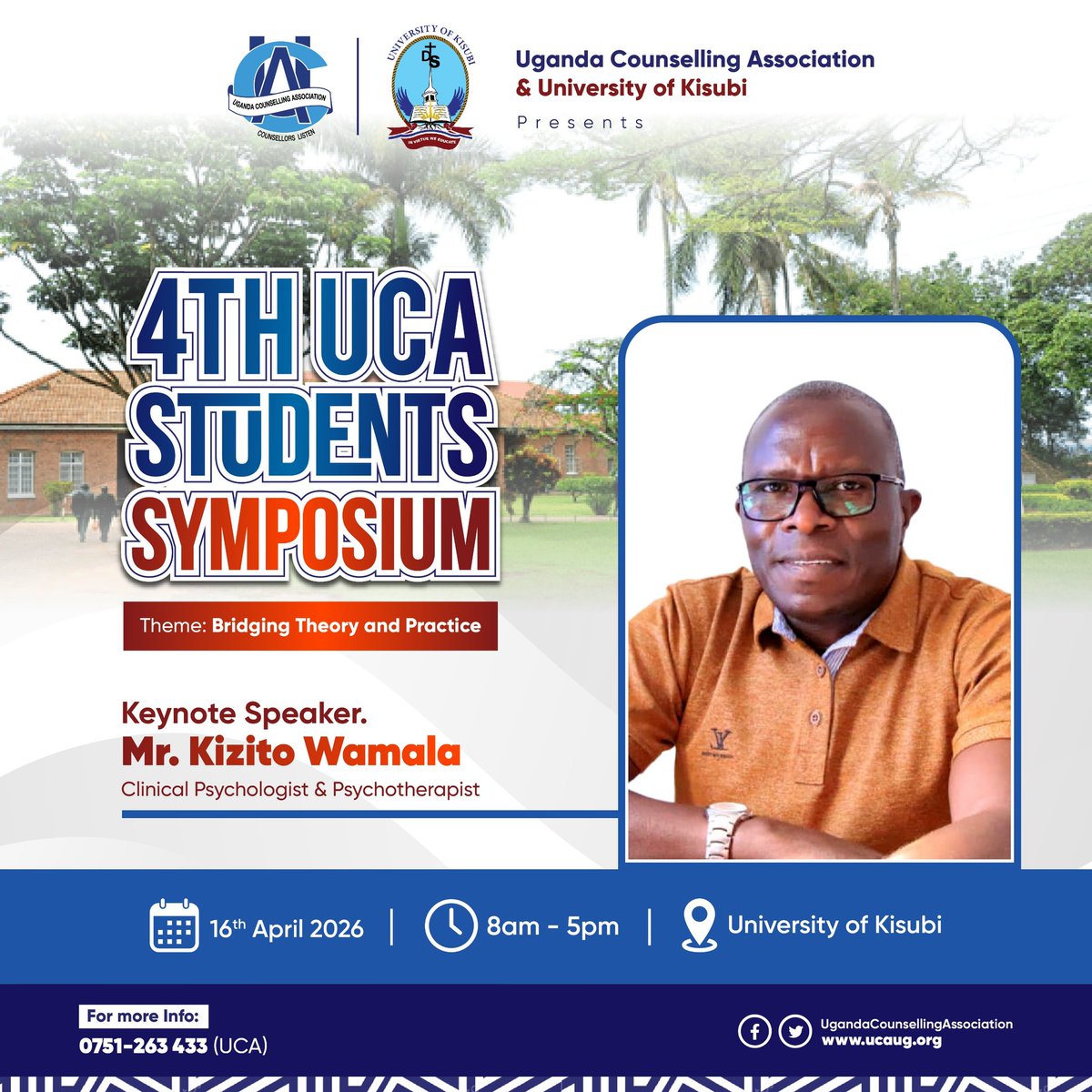 counsellingug's tweet photo. We're thrilled to announce that Mr. Kizito Wamala a renowned Clinical Psychologist, will be our Keynote Speaker at the upcoming UCA Students' Symposium

With his vast experience in mental health and psychotherapy, he will set the tone for our event.
@wam17084 https://t.co/jfVrB1Y5xj