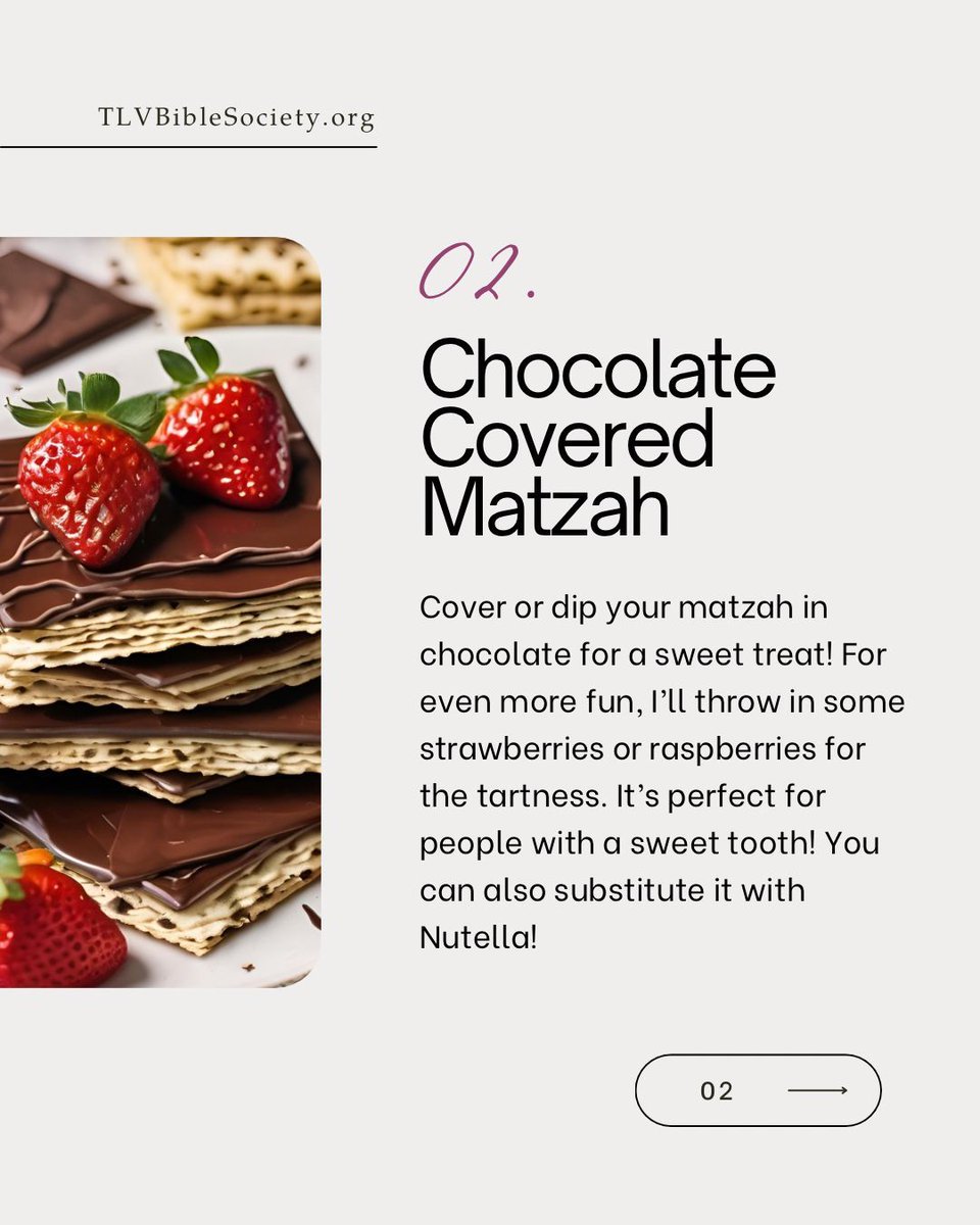 TLVBibleSociety's tweet photo. Matzah all week? Let’s make it fun 😅🫓
Our favorite ways to upgrade your matzah—sweet, savory, and anything but boring. Chag Sameach! 🤗
#Passover #Matzah #Pesach #ChagSameach #SpringFeasts https://t.co/3T8Uugpbsz