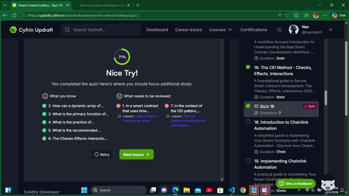 Nasintech's tweet image. Day 27 of becoming a Smart Contract Developer🔥

Today I learned:
✅CEI Method
✅Intro to Chainlink Automation 
✅Custom Errors

Tip: When you're stuck, ask AI but only about things you genuinely don't understand. Don't let it think for you.

@CyfrinUpdraft #web3 #Foundry