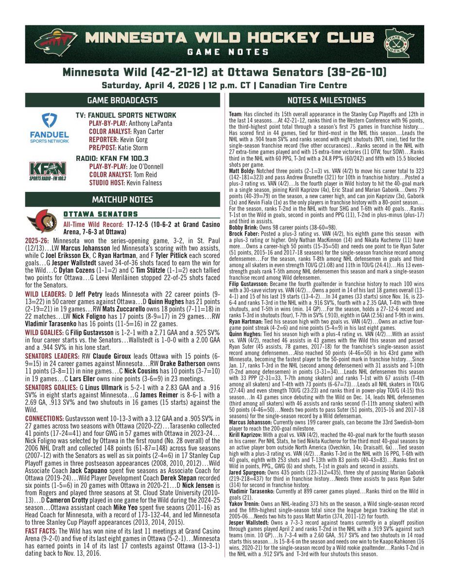 mnwildPR's tweet photo. Here are notes for today’s #mnwild game against Ottawa: https://t.co/fT9mEaCvnC https://t.co/mJxtGM4VhX