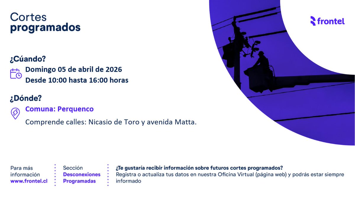 Frontel_'s tweet image. ¡Atención vecinos de #Perquenco! Les recordamos que el domingo 05 de abril de 2026 se realizará un #CorteProgramado en calles Nicasio de Toro y avda. Matta. Lamentamos los inconvenientes, estamos trabajando para darte el mejor servicio.