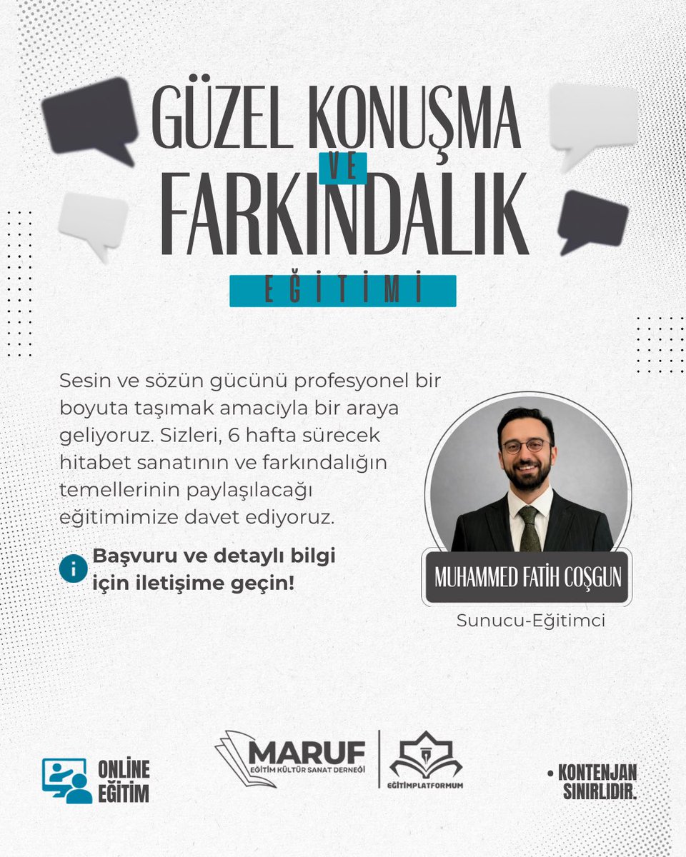egtmplatformum's tweet photo. 📣 Güzel Konuşma ve Farkındalık Eğitimimiz Başlıyor!

Sesin ve sözün gücünü geliştirmek için 6 haftalık eğitimde buluşuyoruz. Muhammed Fatih Coşgun ile hitabet ve farkındalık üzerine bir yolculuk sizi bekliyor.

Başvuru ve detaylı bilgi için 👇🏻
https://t.co/FYOywZtkdE https://t.co/GUvwfiK6Pc