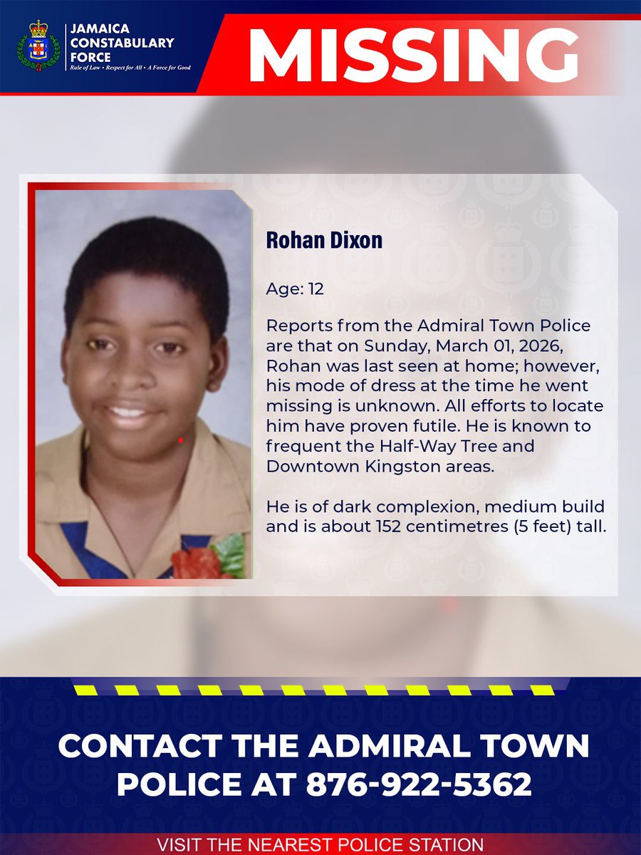 JamaicaConstab's tweet image. Help us locate missing Rohan Dixon. If you know his whereabouts please call the Admiral Town Police or the nearest police station 

#HighAlert #Missing