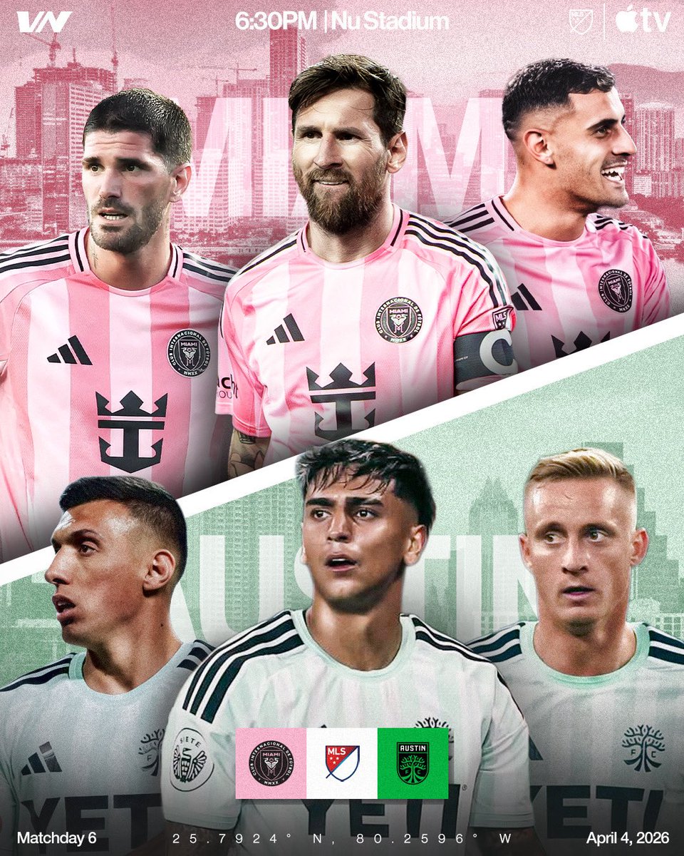 VerdeNationATX's tweet photo. MATCHDAY 6️⃣🔥

Austin FC are set to take on Inter Miami on the road for the first official match at Nu Stadium 🏟️

📅 April 4, 2026
⏰ 6:30PM CT
📺 Apple TV+

🎨: @verdenationatx 

This will be the first matchup between Austin FC and Inter Miami since Messi joined the league 👀

#AustinFC #VerdeNation