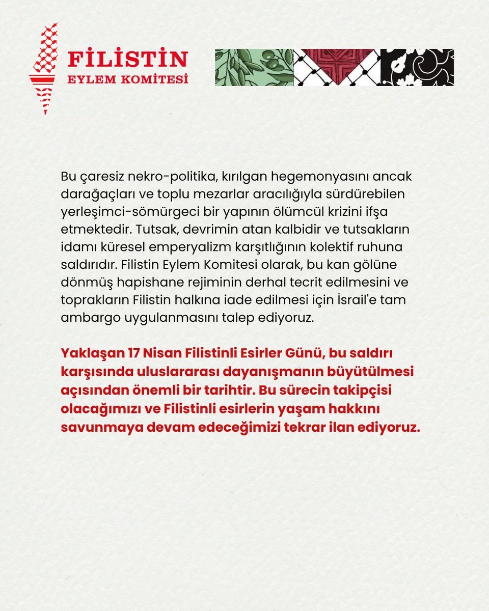 Filistin Halkı Darağacını Yenecek!

Siyonist rejim Filistinli esirler için onayladığı idam yasasıyla, teslim alamadığı direniş iradesini darağacına mahkum etmek istiyor. Faşist apartheid yasasına geçit vermemek için soykırımcı işgal rejimi tecrit edilmelidir!

#İsraileTamAmbargo