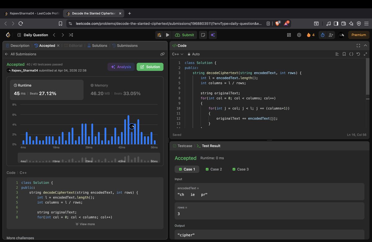 Rajeev_Sharma04's tweet photo. Day 8/10 of DSA Challenge ✅

Solved: Decode the Slanted Ciphertext

Learned diagonal traversal + matrix decoding 🧠
Getting better at spotting patterns!
On to Day 9 🚀

#DSA #LeetCode #Coding #10DaysOfCode https://t.co/hOh7Ay2ldG