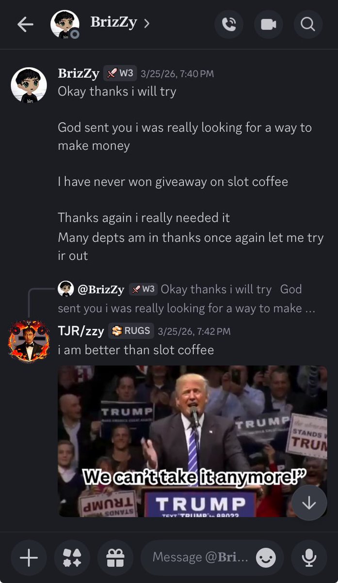 TJRizzy456's tweet photo. @Crypto_Luffy2 @slotcoffee I am here if you need me. Did you ever win from him? https://t.co/ANK5IElAtj