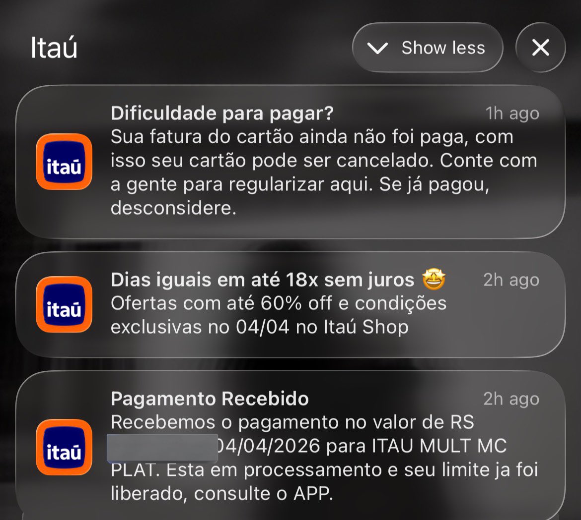 reversemilla's tweet photo. @itau  bora querer rever as notificações? 🔔 
A fatura vence dia 09, fechou hoje dia 04 e eu paguei hoje. 1h depois ces estão me chamando de dura e me “ameaçando” amigavelmente com cancelamento do cartão que tá pago. 
Que relacionamento tóxico é esse? https://t.co/DwdOf07fX7