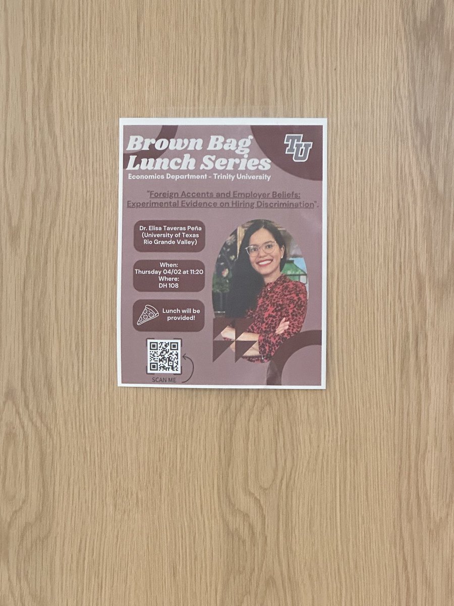 ElisaTP's tweet photo. Thankful to the Trinity University Economics Department for hosting me this past week (and honored to have been the first external speaker of their brown bag series! 😊). I had a great time presenting my paper on accents penalty and chatting with the faculty and students. https://t.co/wNM84T1onn