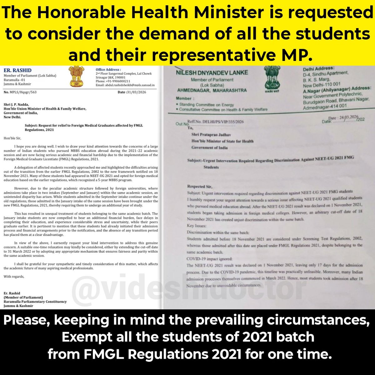 videshidoctor's tweet photo. Request to @MoHFW_INDIA &amp; @JPNadda sir. Please give us 
One Time Exemption from the 
FMGL REGULATIONS 2021 to the 
Whole 2021 FMG Batch. 
#ExemptionFromFMGL2021 
@errashid11 @supriya_sule
@ShashiTharoor @MP_Araku https://t.co/hfl1Sqk3V5