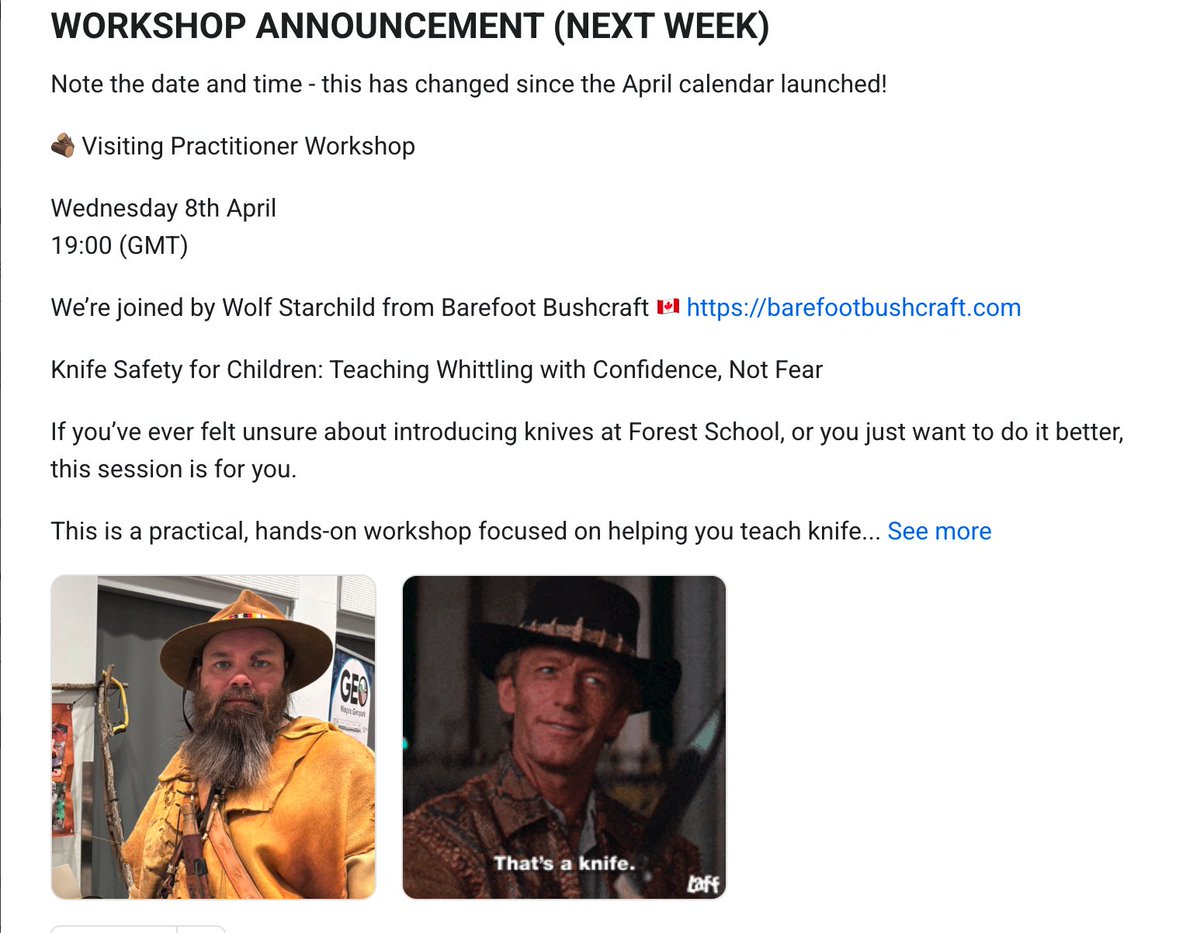 BFBushcraft's tweet image. On Wednesday, April 8th, 2026 @wilkolaak is hosting "Knife Safety for Children: Teaching Whittling with Confidence, Not Fear on teaching" at the Forest School Support Hub. skool.com/forestschool

#forestschool #outdoorlife #bushcraft #survival #teachertraining