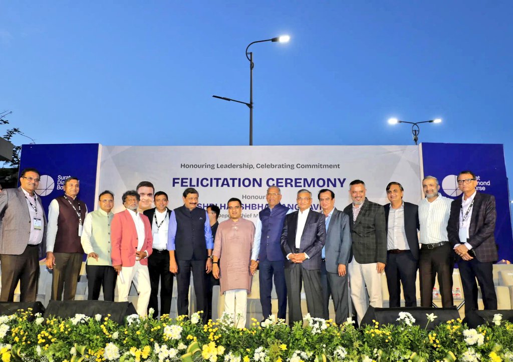 GovindLDholakia's tweet photo. At the @sdbbourse, I along with the esteemed dignitaries from the diamond industry came together to felicitate Shri @sanghaviharsh ji, Hon’ble Deputy Chief Minister of Gujarat, for his role in supporting and strengthening the operations of #SDB. His guidance and timely support have played an important role in spreading confidence within the #diamondindustry of Surat. This recognition stands as a reflection of the collective gratitude of the industry towards his commitment to Surat’s growth.

For nearly a few decades #Surat has stood as the sparkling diamond city of India, carrying in itself the brilliance of the #diamond and the essence of the #textile industry. This sparkling city has the World’s largest office building, the Surat Diamond Bourse (SDB) a reflection of Surat’s collective vision and its journey towards becoming one of the fastest growing cities of 
India. 

With a vision to build a global trading platform for the diamond world, SDB stands as an important step in reflecting Surat’s contribution. For decades, Surat has been polishing nearly 90% of the world’s diamonds, and today, SDB is helping take that legacy to the global stage, marking not just how far the city has come, but the strong and promising future we are building together.

#suratdiamondbourse #diamondcitysurat #viksitbharatviksitgujarat