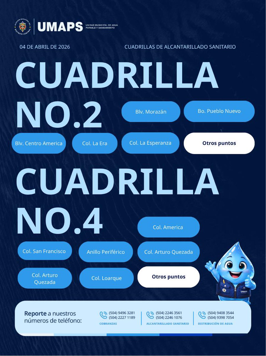 umapsdc's tweet image. 💧 🚧UMAPS en acción | 04 abril 2026

Cuadrillas de alcantarillado realizan trabajos en distintos puntos del Distrito Central, incluyendo mantenimiento y atención de incidencias.

🔧 En ejecución obras de reparación e instalación en infraestructura sanitaria.

#UMAPS