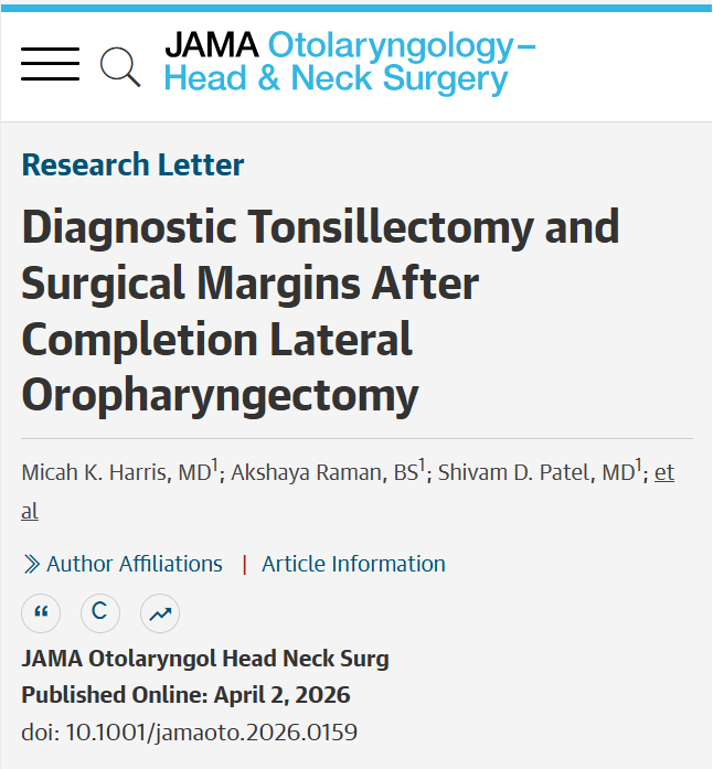 JAMAOto's tweet photo. Completion #TORS after diagnostic tonsillectomy for HPV-associated tonsil #SCC did not increase positive margins or worsen survival, supporting routine tonsillectomy as oncologically safe. https://t.co/pIXfKWaTyd https://t.co/tPrkQcHFT8