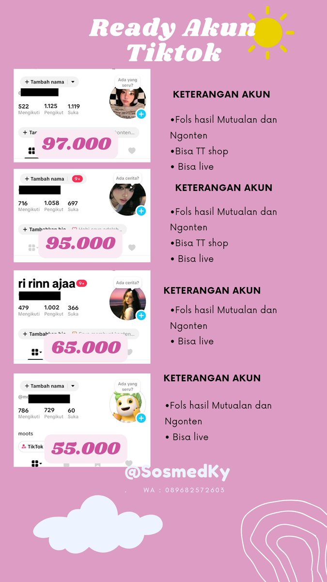 ofctaebear2's tweet photo. Jual Akun Tiktok dan akun IG🩷
• akun pribadi 
• bisa untuk bisnis , affiliate , pribadi 
t.wts acc ig akun instagram jual beli murah recehan jual beli wtb wts acc ig akun ig Instagram ba pribadi dump small bussines study rp banyak mau cari upfoll tiktok kosongan #zonauang https://t.co/7wG3c6h5Ap