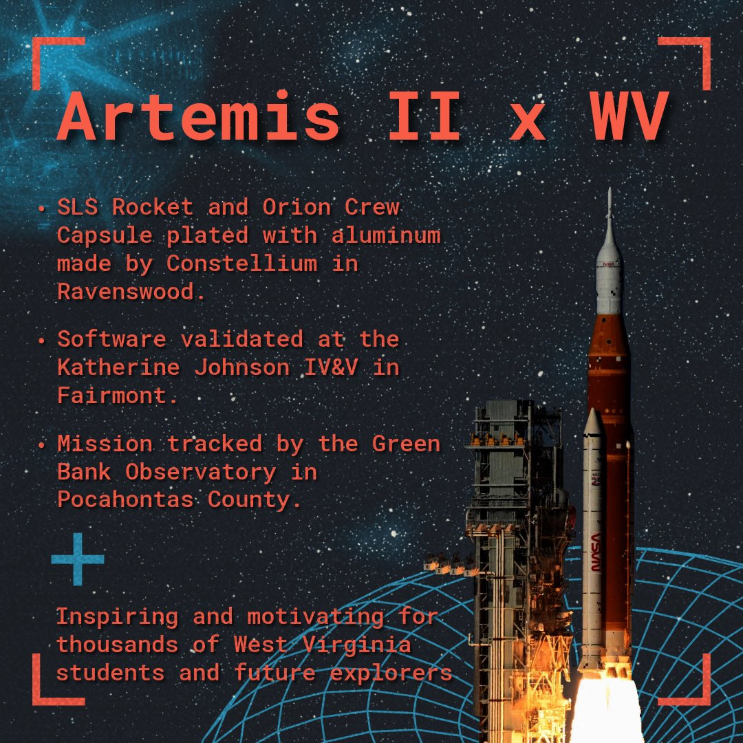 SenCapito's tweet photo. So excited to see our state playing such an important role in Artemis II’s journey around the moon. 

Many thanks to @Constellium, @NASAIVV_ERC, and @GreenBankObserv for all of their hard work. https://t.co/fNoWcToJuq