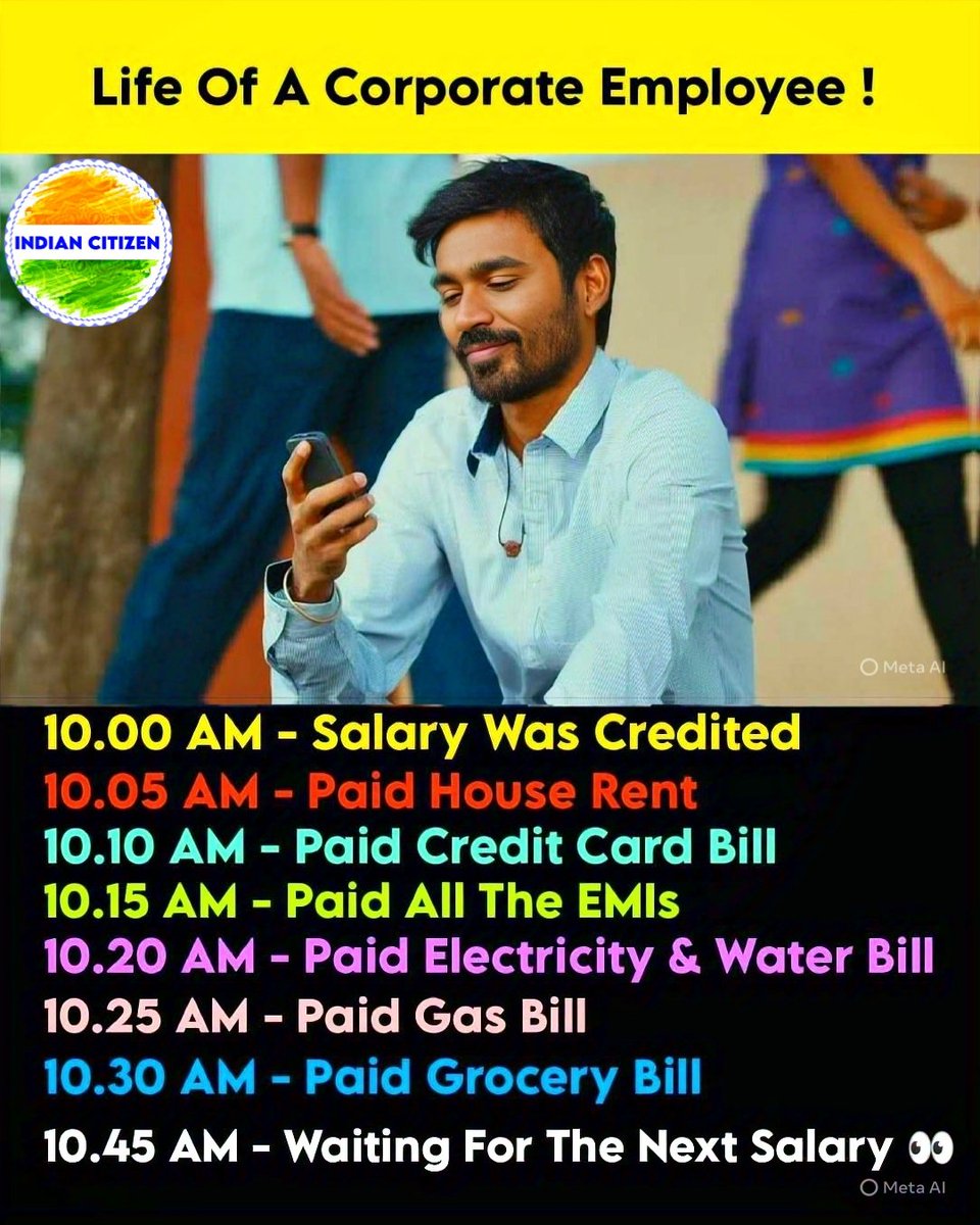IndianCitizenIC's tweet image. “Life of a corporate employee” isn’t just a joke… it’s a reality many silently live every month.

Salary comes in with hope, relief, and a small smile…
And within minutes, it all goes away—rent, bills, EMIs, responsibilities.
#middleclasslife