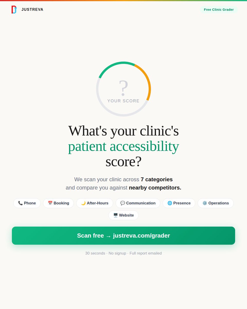 IamJustReva's tweet photo. Your patients are Googling "dentist near me" right now.
Are they finding you — or your competitor?
Free clinic grader: 7 categories, competitor comparison, revenue at risk.
30 seconds → https://t.co/chZgCzH05X #healthtech https://t.co/McPJJSCr6O