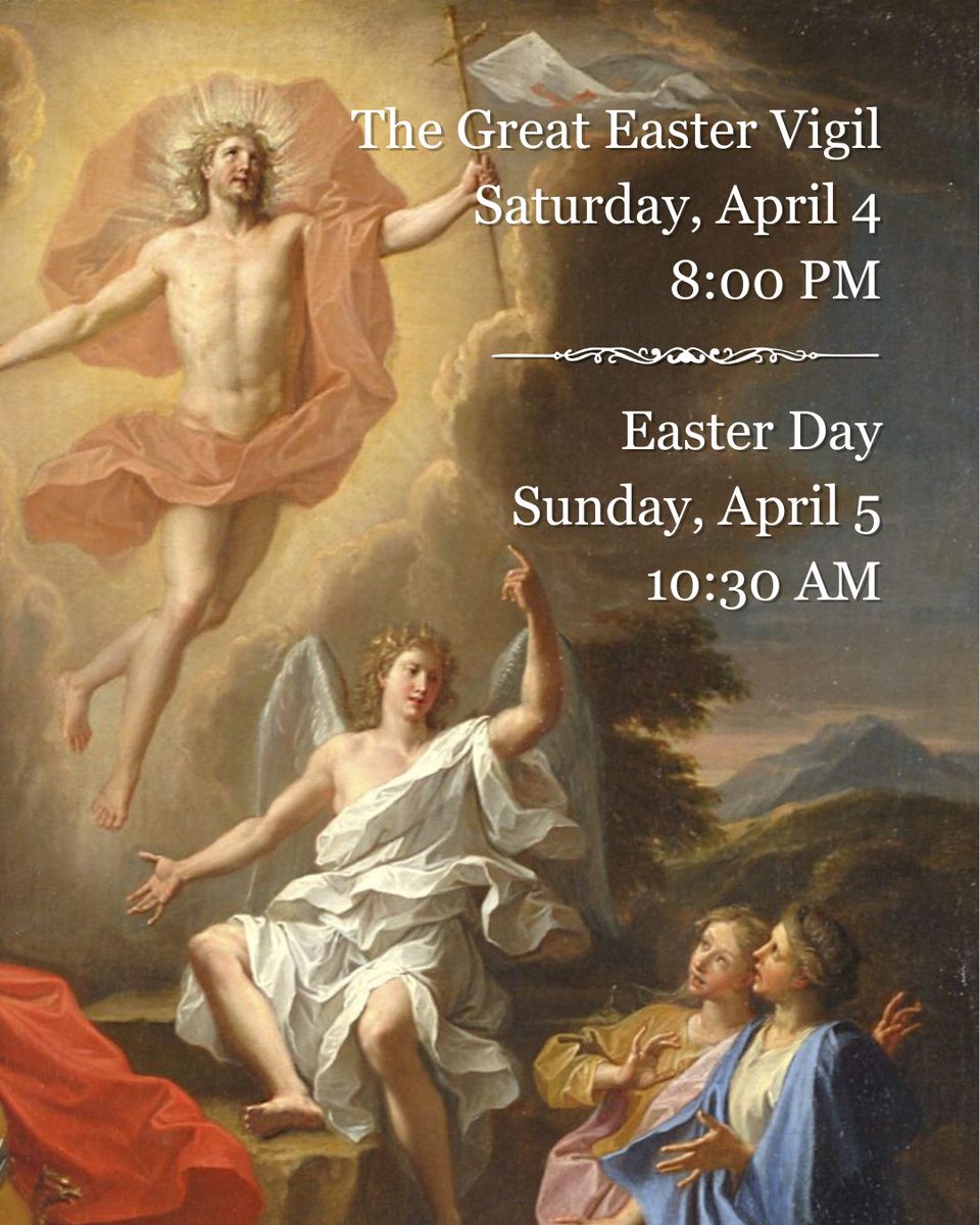 Join us as we herald the Resurrection of our Lord at one (or both!) of our Easter Masses!

Easter Vigil with Blessing of Sacred Fire
———
Marc-Antoine Charpentier – Messe pour le samedi de Pâques, H.8

Easter Day
———
Tomás Luis de Victoria – Missa Simile est regnum cœlorum
