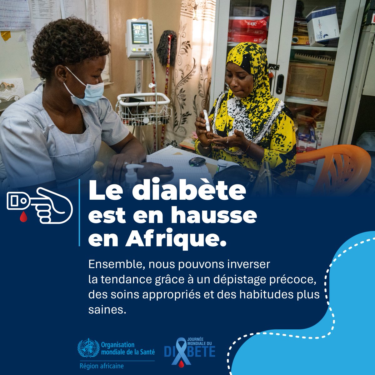 OMS_Afrique's tweet image. #LeSaviezVous ? Plus de 25 millions d’adultes en Afrique vivent avec le #diabète. La maladie peut toucher les personnes à toutes les étapes de la vie, y compris l’enfance, les années de reproduction, l’âge actif et la vieillesse.

Le diagnostic se fait par un test de glycémie. La