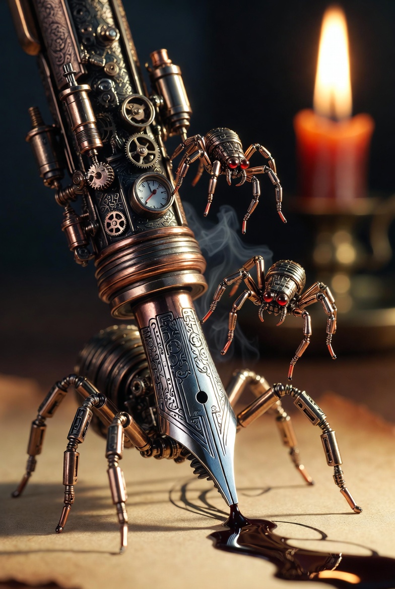 Cyb3er_Poeem7x's tweet image. 🕷️ Out of brass and steam
the spider crawls forth.
Red eyes glowing,
ink dripping black as death.
It shapes letters
with cold metal legs –
the quill writes
what will never be forgiven.©️
#ClockworkSpider #DarkPoetry #Neonrebellion