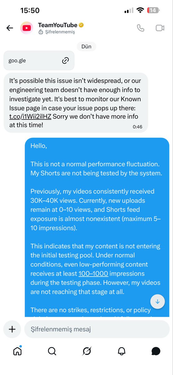 MMTERGL's tweet photo. @TeamYouTube Why aren't you addressing our problems? I'm talking to you about a serious short feed distribution problem, and a lot of time has passed. Please look into this issue. https://t.co/nxKZAwvV5Y