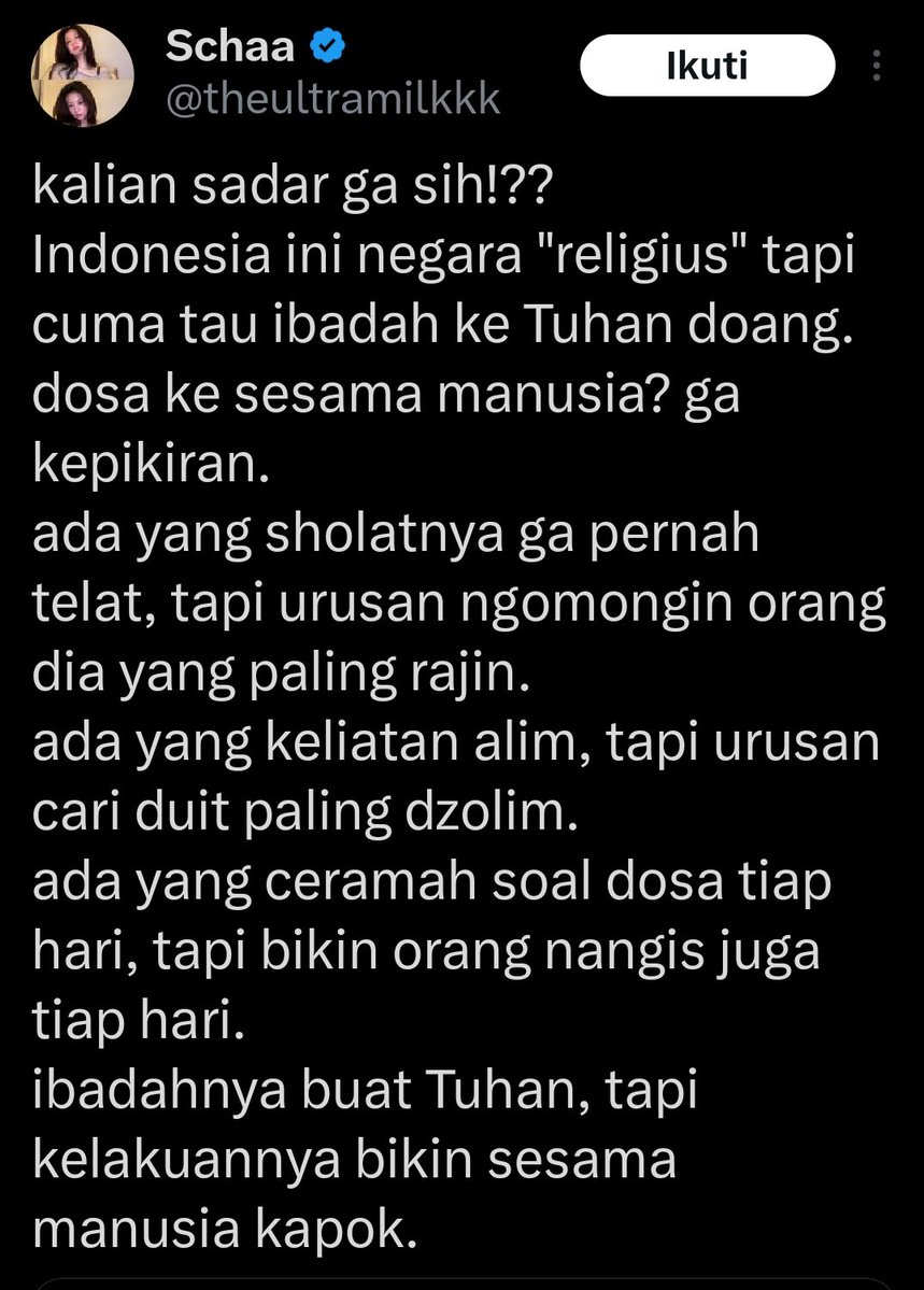 Bram_no3's tweet image. Makanya kalau mau nimbrung itu di cek asal usulnya, ini kan awalnya unpopular opinion tentang agama, yang dia kritisi itu indonesia di anggap jadi negara dengan masyarakat paling religius, tapi hanya urusan dengan Tuhannya, sedangkan ke sesama manusia, bertengan sama norma agama