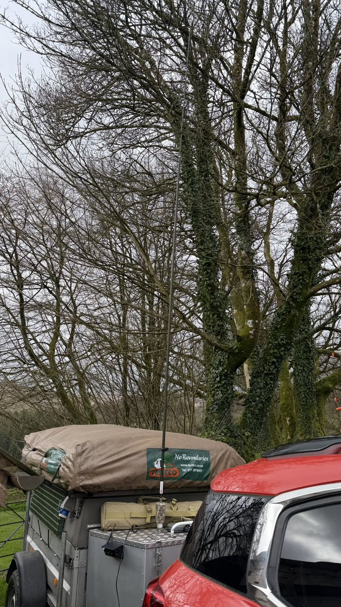 M0IAX's tweet photo. Today I added a mount for my MPAS 2.0 on my camping trailer. Seems to work quite well on JS8Call 7 and 20m and Vara Winlink on 30m. It is very windy here today which is why I was sat in the car and not at the back of the trailer which will be the preferred operating position if we get some sunshine. Winlink with Vara running in Crossover and JS8Call for MacOS all running quite happily on my MacBook Neo.