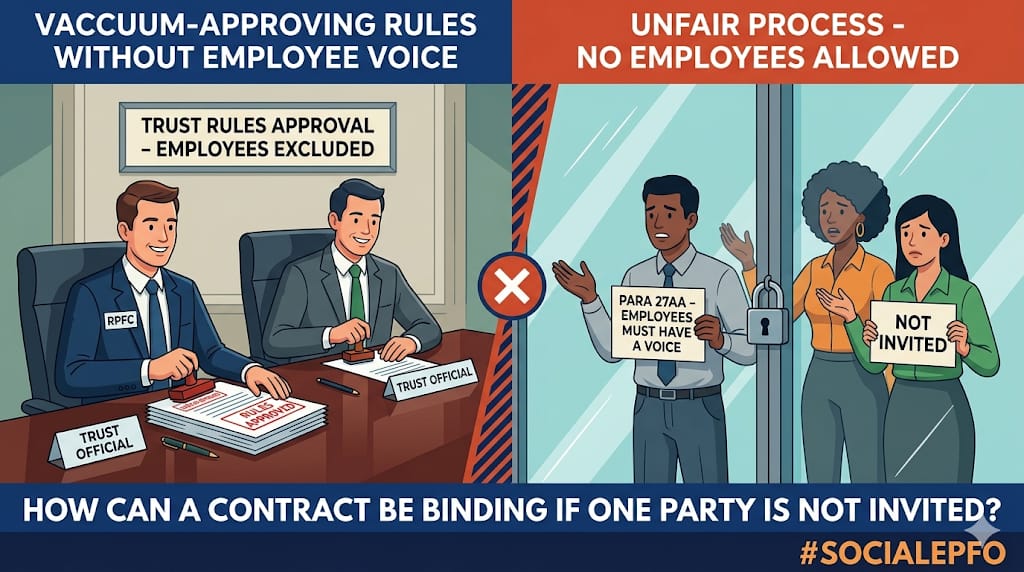 BNAgrawal2026's tweet photo. 📢 RPFCs approved Trust Rules without hearing employees. How can a contract be binding if one party is not invited ? As per Para 27AA, employees must have a voice. Vacuum-approving Rules without employee voice is jurisdictional overreach of powers. 🏛️ #socialepfo https://t.co/b3y9ehKilg