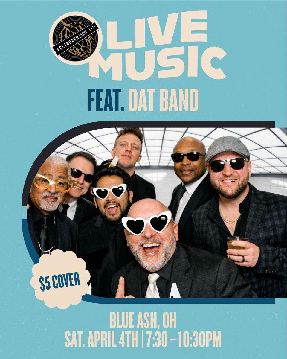 FretboardBrewCo's tweet image. Dat Band is bringing all of the funk, soul and rock and roll tonight at Blue Ash! 🪩
Come enjoy from 7:30–10:30PM, $5 cover 

#drinklocal #rocklocal #cincybrau