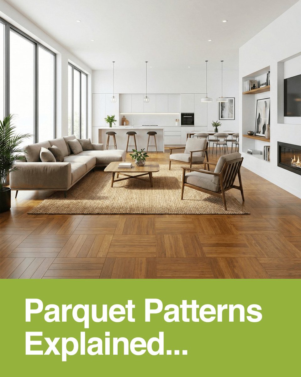Bambooflooringc's tweet image. Parquet patterns explained! ✔️
✨ Herringbone: Classic 90-degree zigzag for dynamic movement.
🧱 Brick Bond: Staggered joints like brickwork to elongate spaces.
🔲 Basket Weave: Alternating squares for a retro checkerboard look.

#Parquet #FlooringIdeas #BambooFlooring