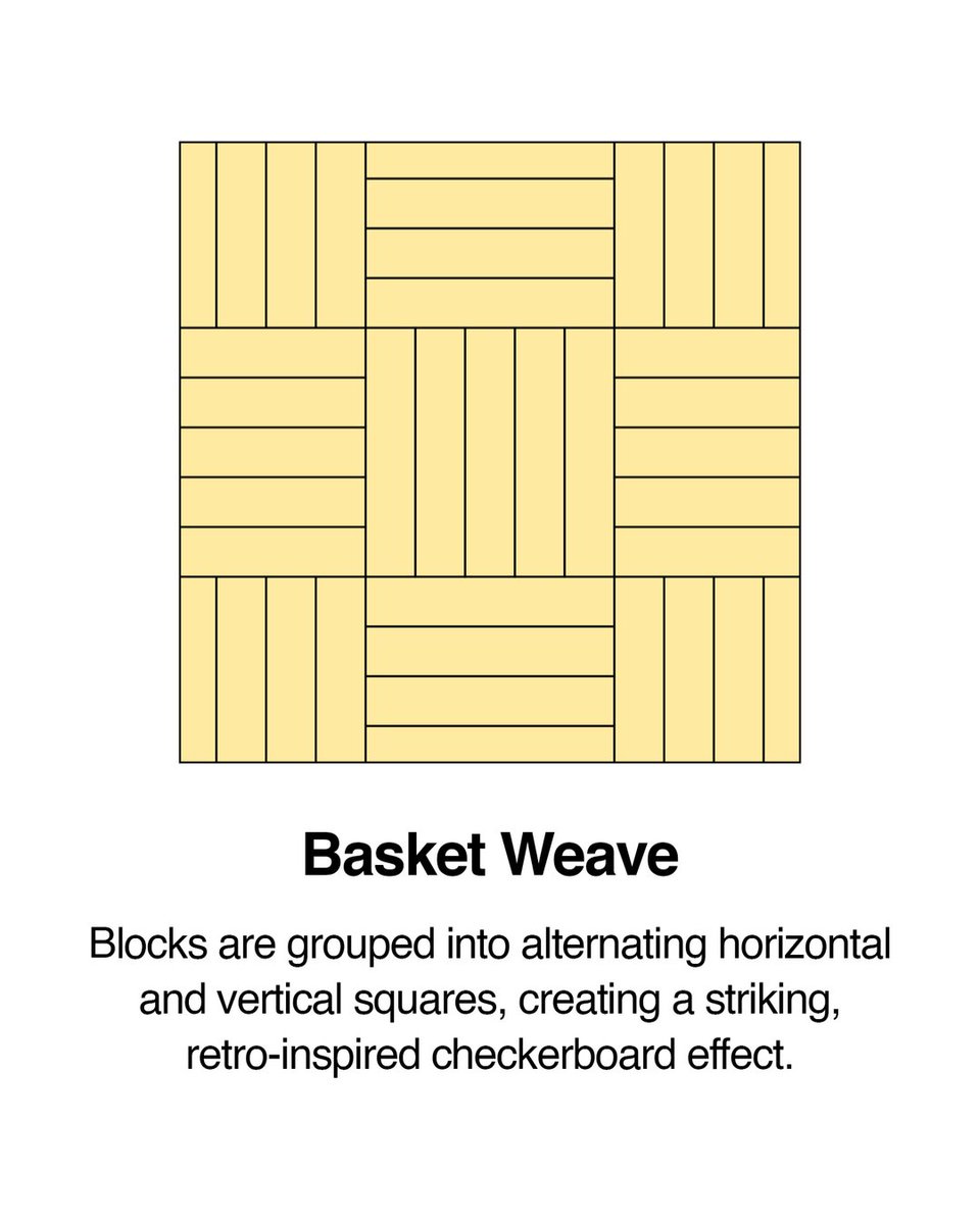 Bambooflooringc's tweet image. Parquet patterns explained! ✔️
✨ Herringbone: Classic 90-degree zigzag for dynamic movement.
🧱 Brick Bond: Staggered joints like brickwork to elongate spaces.
🔲 Basket Weave: Alternating squares for a retro checkerboard look.

#Parquet #FlooringIdeas #BambooFlooring