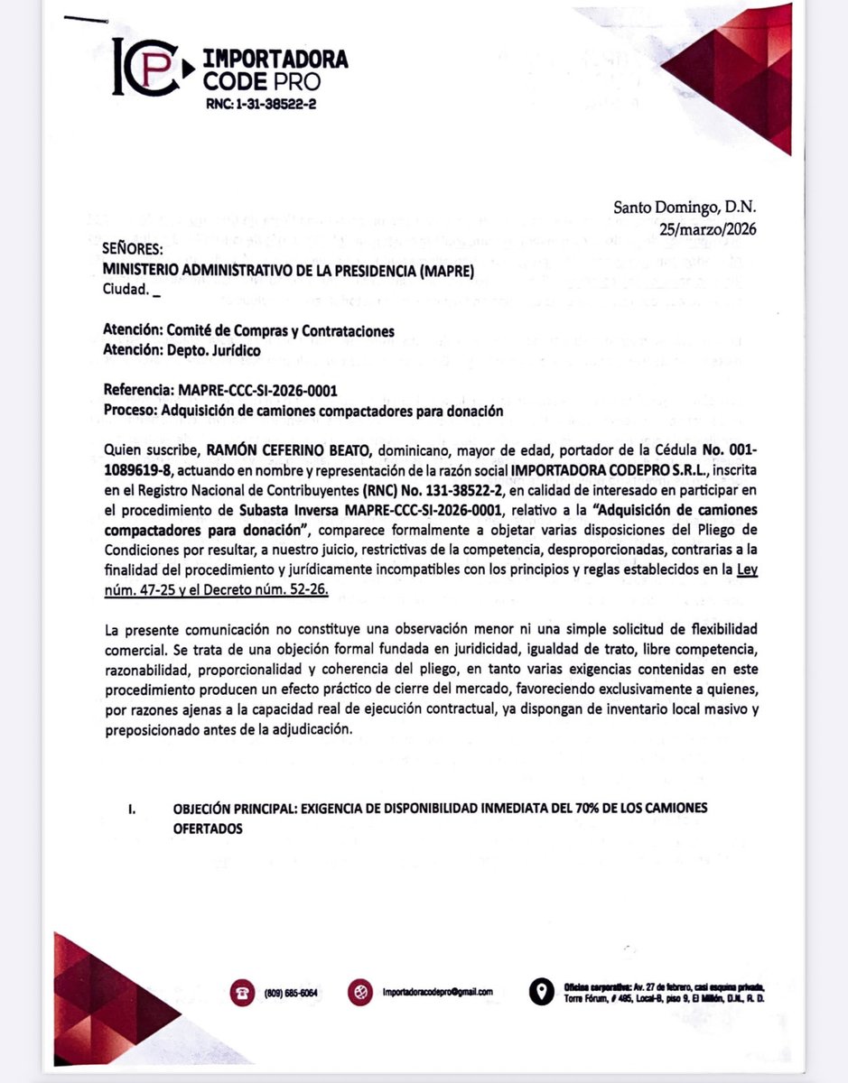 Más empresas quejándose del pliego de condiciones <a href="/maprerd/">Administrativo RD</a>