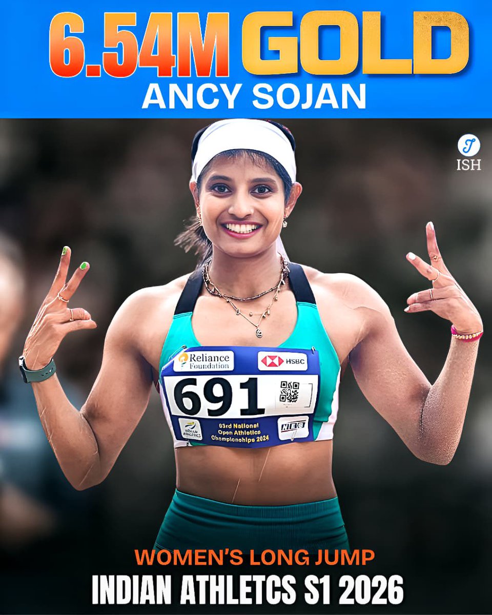 IndiaSportsHub's tweet photo. 🚨 Strong start to the season for Ancy Sojan!

Ancy opened her outdoor campaign with a gold-winning jump of 6.54m at Indian Series-1, setting the tone right from her first attempt. 🥇

Shaili Singh had to settle for silver at 6.52m, struggling for rhythm with multiple fouls.

Moumita Mondal completed the podium with 6.37m.

#IndianAthletics #Athletic