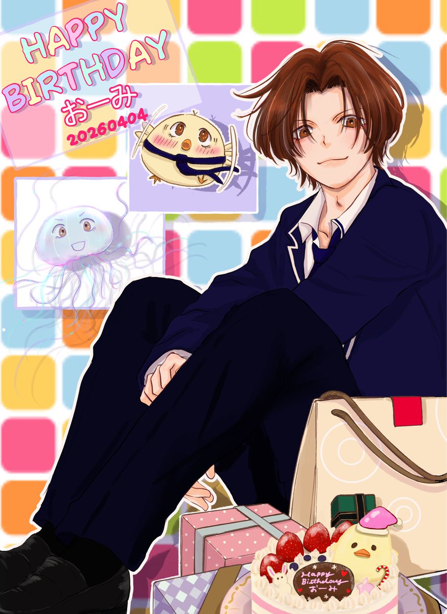 einueSPRB's tweet photo. なんとか間に合った！

おーみ誕生日おめでとう🎂🎉🎈
🐥も🪼も全部おーみ！

#創作 #創作男子 #イラスト #SPRB https://t.co/QwH2KRuKjj