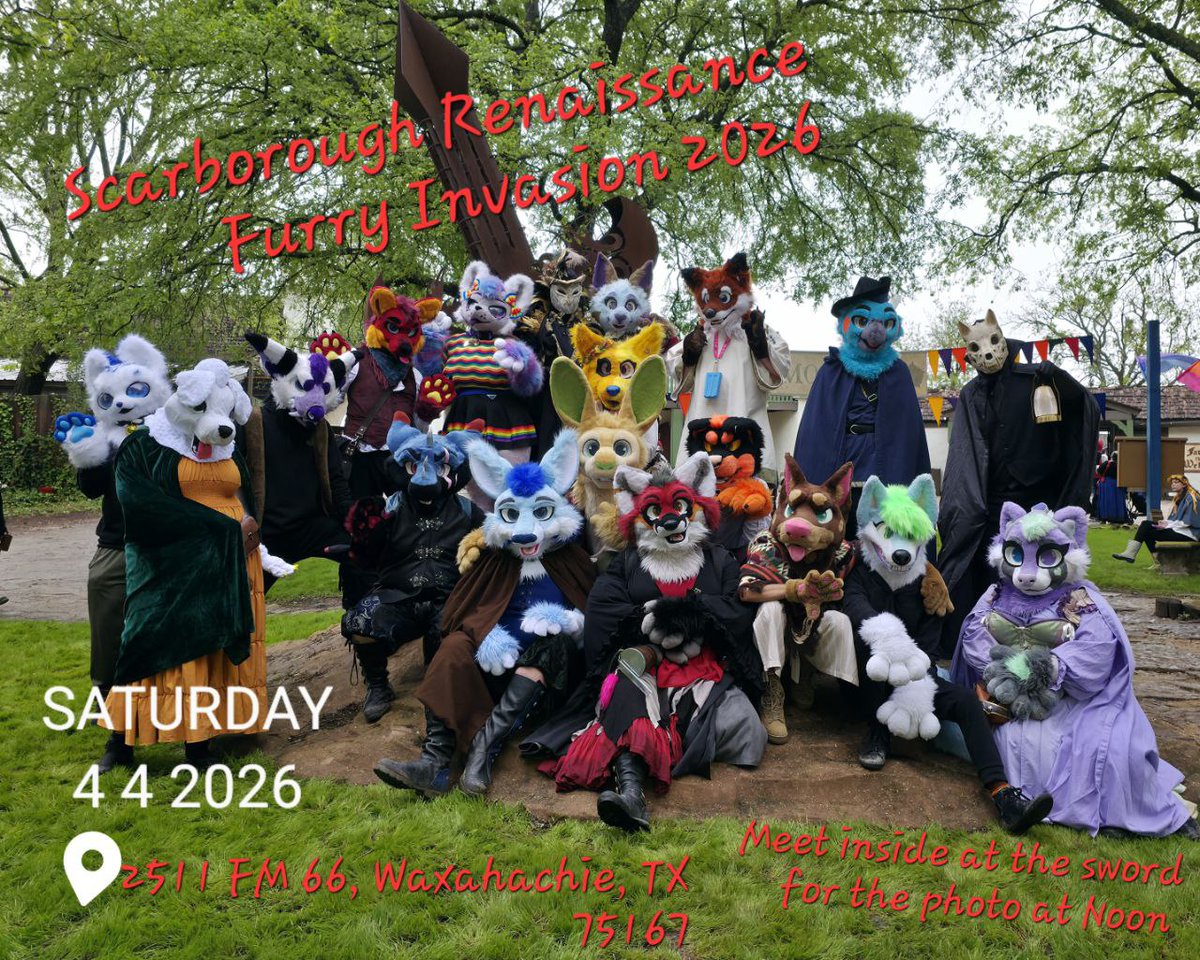 DFWFurs's tweet photo. Scarborough Faire furry invasion is TODAY! Come on down and join the festivities!
#DFWFurs❤️🐾

DATE- Saturday April 4th
GROUP PHOTO- CHANGED to 1PM due to rain!
WHERE- 2511 FM 66 Waxahachie TX 75167

To join the Telegram chat contact @/TamaskaKitsu! https://t.co/J9XLkzEu5q
