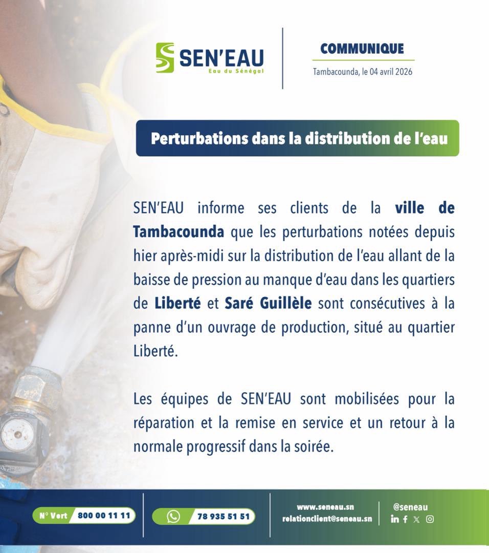sen_eau's tweet photo. [COMMUNIQUÉ PERTURBATIONS DANS LA DISTRIBUTION D’EAU TAMBACOUNDA ]

Info line :
- Numéro vert : 800 00 11 11 
- Message WhatsApp : 78 935 51 51
- Mail : relationclients@seneau.sn

#SENEAU #servicepublic #relationclient #eaudusenegal #kebetu https://t.co/d2s1miBAcl