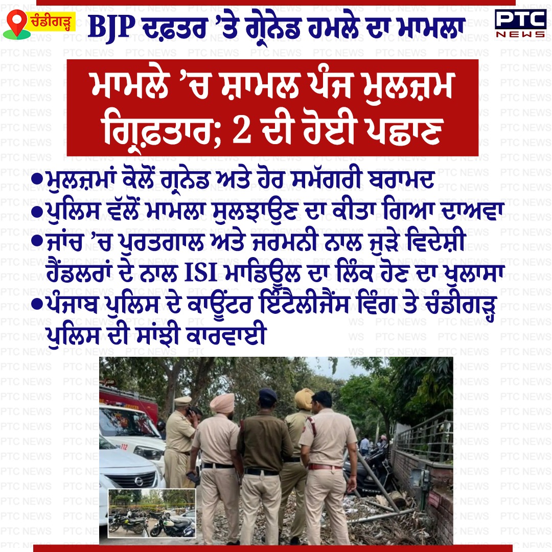 ptcnews's tweet photo. ਚੰਡੀਗੜ੍ਹ BJP ਦਫ਼ਤਰ ’ਤੇ ਗ੍ਰੇਨੇਡ ਹਮਲੇ ਦਾ ਮਾਮਲਾ
ਮਾਮਲੇ ’ਚ ਸ਼ਾਮਲ ਪੰਜ ਮੁਲਜ਼ਮ ਗ੍ਰਿਫ਼ਤਾਰ; 2 ਦੀ ਹੋਈ ਪਛਾਣ
#chandigarh #BJP #PunjabiNews #PTCNews #LatestNews #BJPOffice #GrenadeAttack https://t.co/sEPj4zlnZv