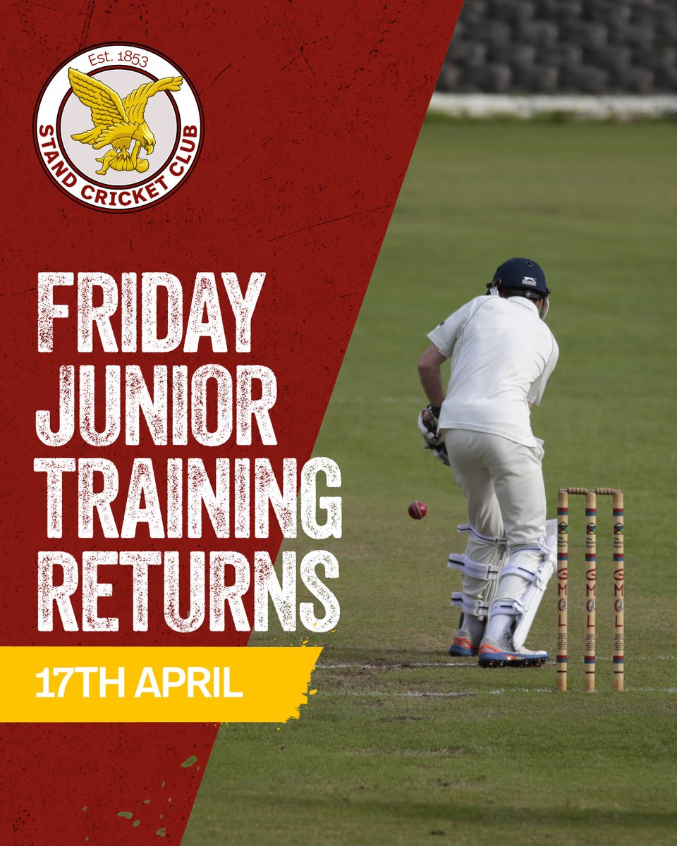 StandCricket's tweet photo. 🏏 Friday Junior training returns on 17th April! 🏏

We can’t wait to welcome back youngsters of all skill levels looking to pick up a bat and ball and get on the field.

Starting at the usual 6.15 pm (weather permitting), everyone aged 5-13 can join in! https://t.co/QfYpXmopAL
