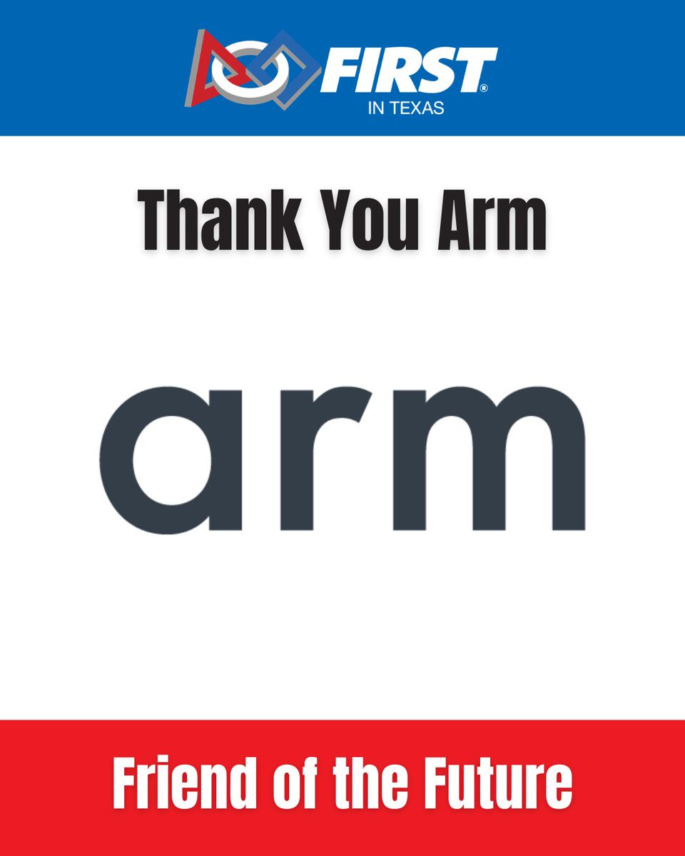 FIRSTinTexas's tweet photo. ARM is helping build what’s next as a Friend of the Future. Thank you for supporting students and creating opportunities that inspire innovation across Texas!
#firstintexas #firstroboticscompetition #ARM https://t.co/mYAMz9DjMr