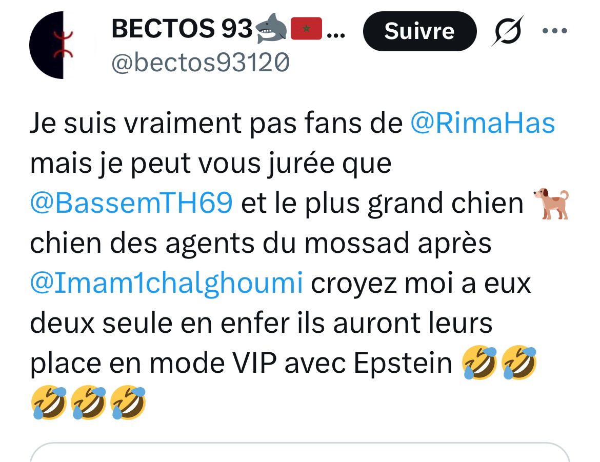 JCoupable's tweet photo. Bien entendu il soutient @RimaHas  Hassan et traite de "Chiens du Mossad" @BassemTH69  ainsi l' Imam @Imam1chalghoumi .👇 @GDarmanin @NunezLaurent https://t.co/L1dygY9LAs
